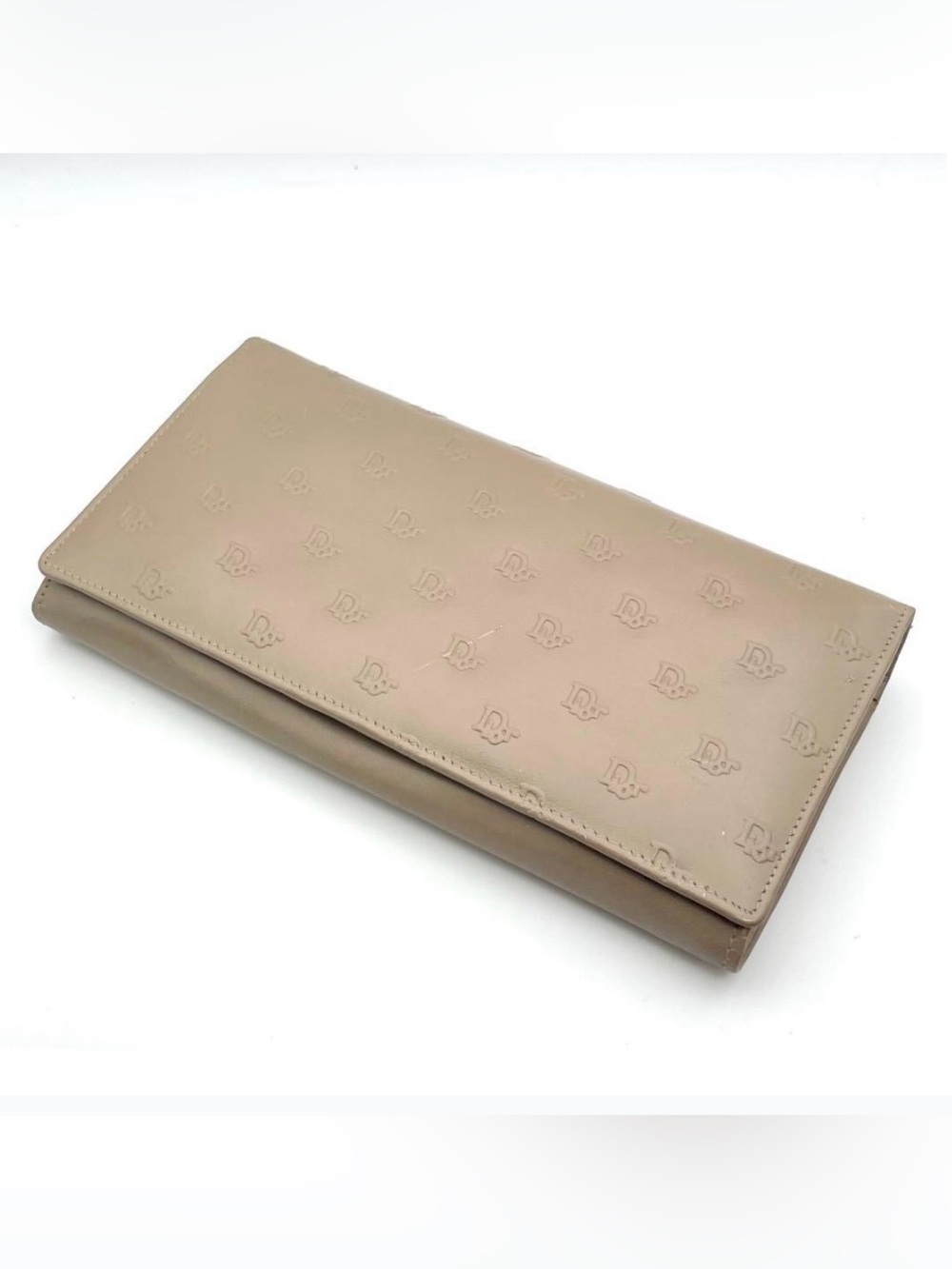 Christian Dior Vintage Monogram Long Wallet Beige Patent Leather